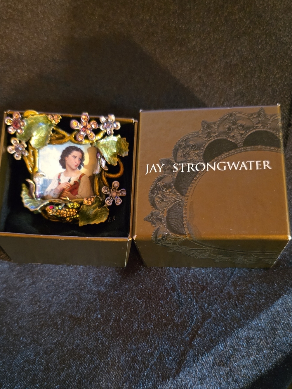 Jay Strongwater Gold Enamel Portrait Frame with Green Leaves and Pink Flowers